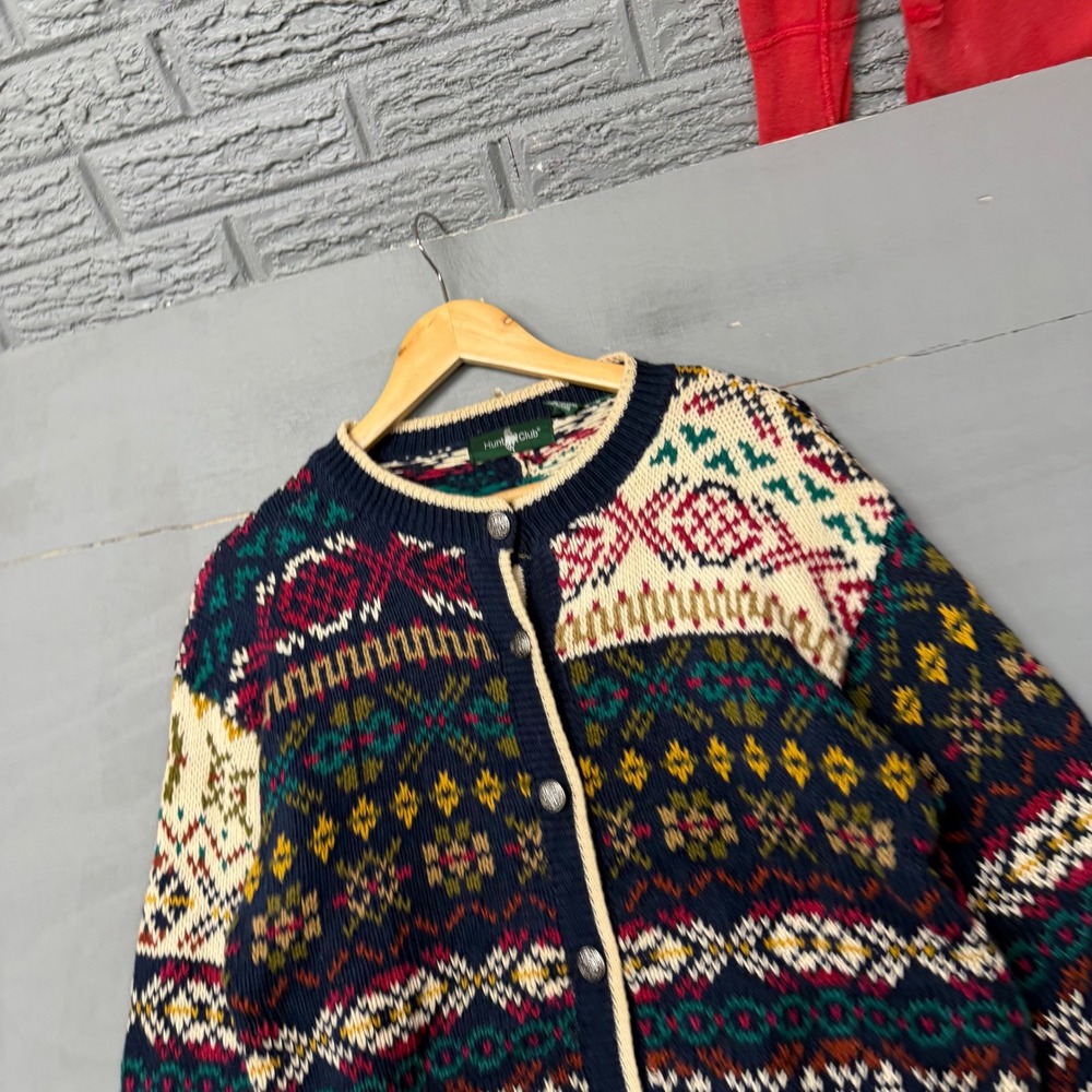 Hunt Club Vintage Fair Isle Cardigan Sweater Navy Multi Ram Cotton Womens Medium